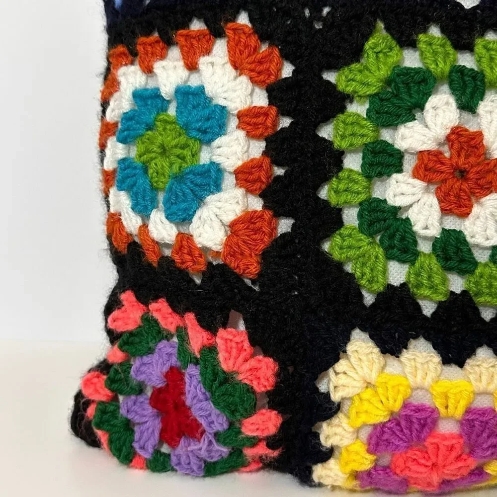 Pillow Crocheted Granny Square Colorful Decoration Black 14”x14”